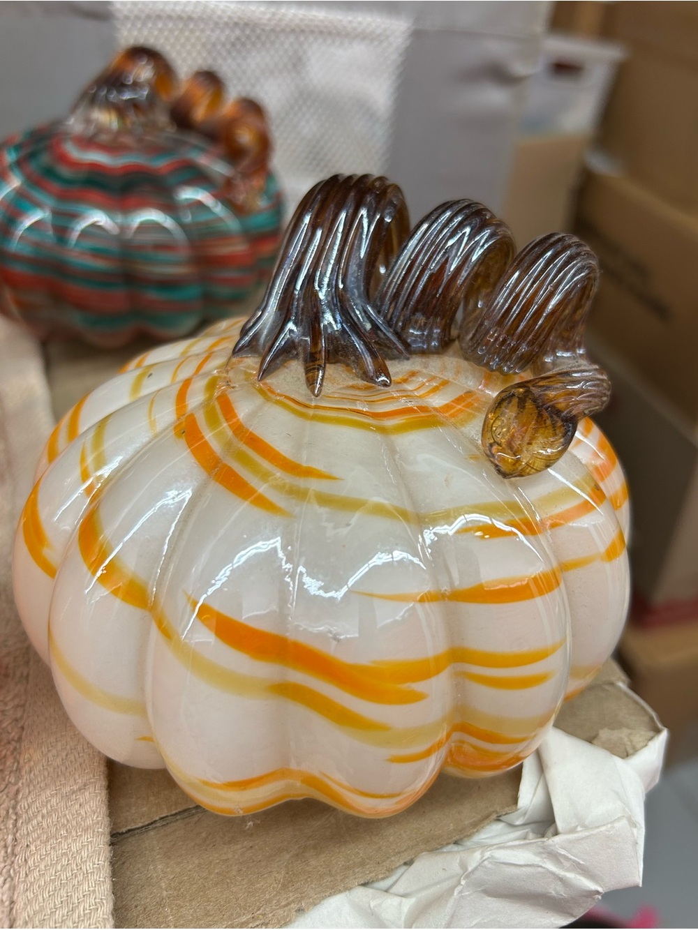 Hand-Blown White and Orange Glass Pumpkin Decorative Art
